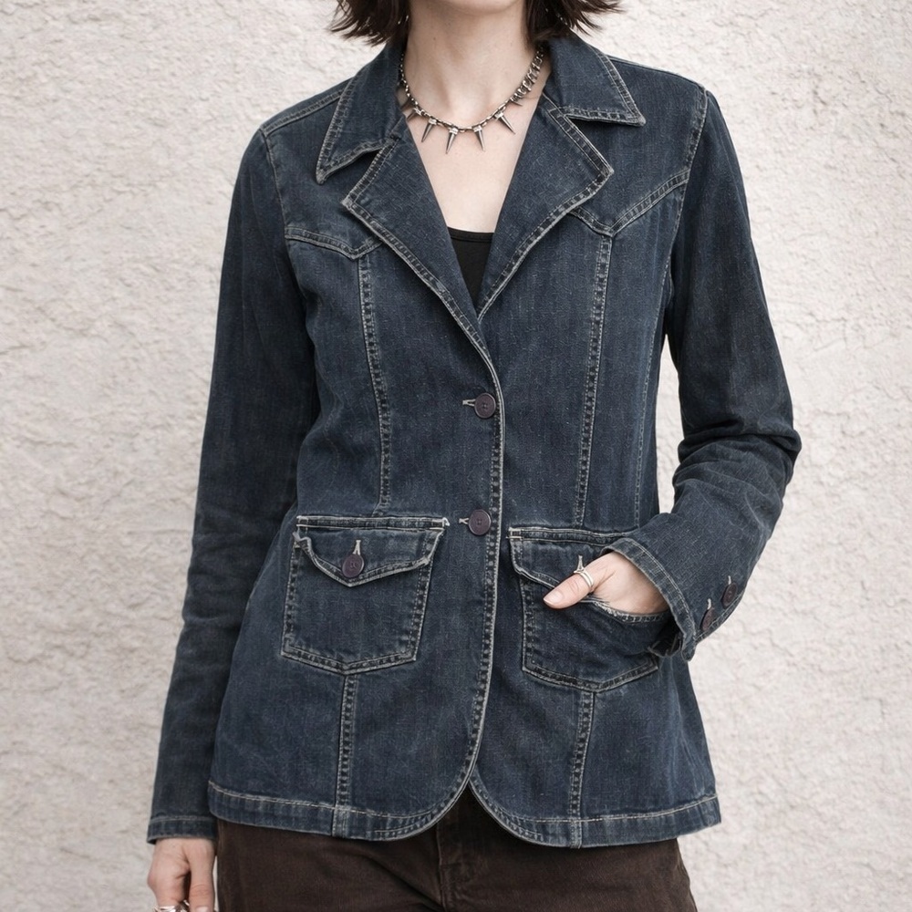 Vintage denim coat with unique buttons and stitching punk y2k grunge M